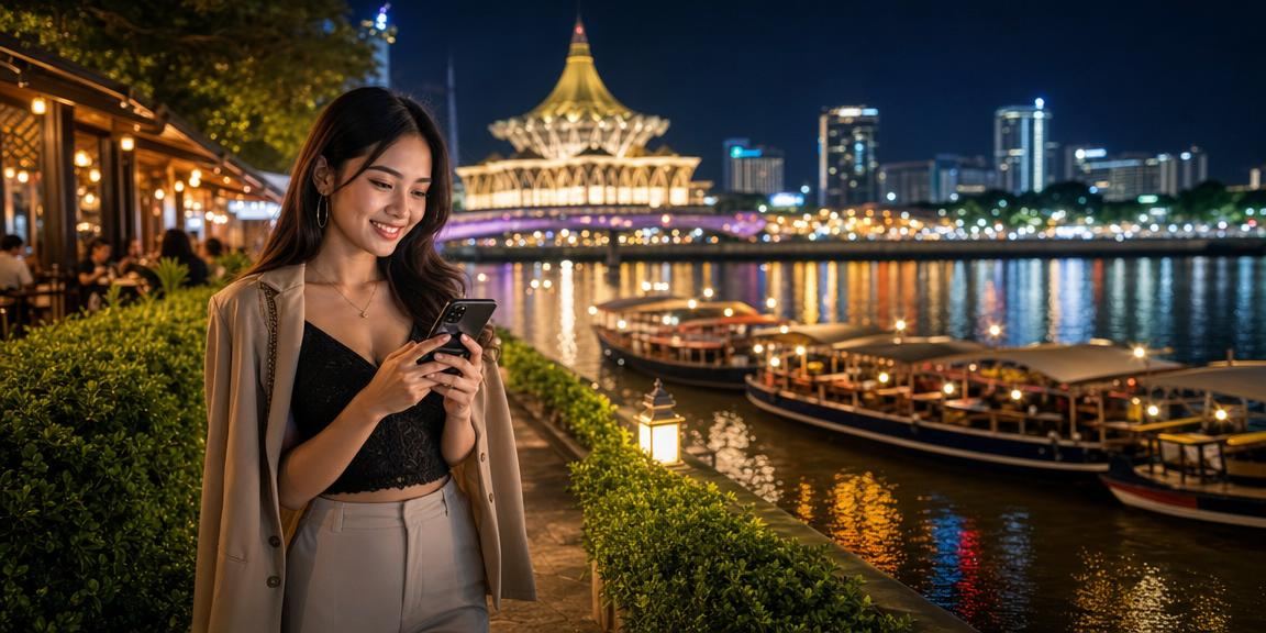 Pengguna mengakses kasino mudah alih 740le melalui telefon pintar di Kuching